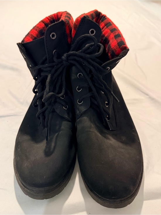 Trail River Other - Men's Black Lace-Up Boots with Red Plaid Collar